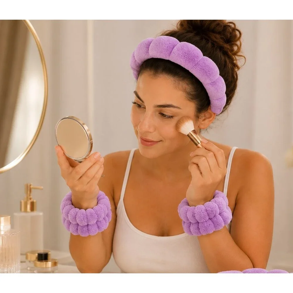 Purple Puffy Terry Cloth Spa Headband & Wrist Wash Band Set Skincare Makeup NEW
